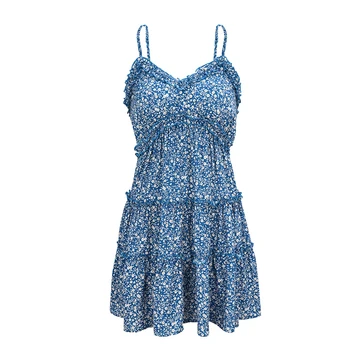 Kleita Sievietēm, Vasaras Ziedu Backless Slīdēšanas Sundresses Zilā Gadījuma Dāmas, Kas Aprīkots Mini Īsu Apģērbu Svētku 2020. Gadam Spageti Siksna