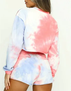 Sievietēm Tie Krāsošanas Apģērbu Komplektus Ar Garām Piedurknēm O Kaklu Apgrieztu Augšu Džemperi Sporta Krekls + High Waist Šorti Lady Rudens Gadījuma Tērpiem